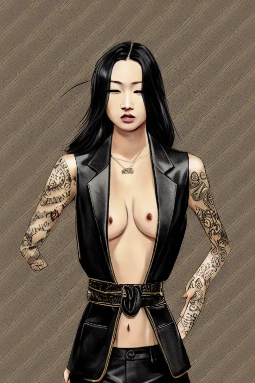 Image similar to yakuza slim girl, gold suit jacket in snake print, jacket over bare torso, yakuza tattoo on body, black short curtain haircut, black leather pants with black belt, portrait, elegant, 2d, ultra highly detailed, digital painting, smooth, sharp focus, artstation, art by Ilya Kuvshinov, rossdraws