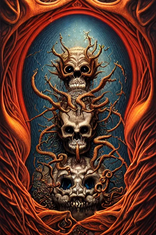 Image similar to A beautiful detailed grotesque monster super cute tarot card, by tomasz alen kopera and Justin Gerard, symmetrical features, ominous, magical realism, texture, intricate, ornate, royally decorated, skull, skeleton, whirling smoke, embers, red adornements, red torn fabric, radiant colors, fantasy, trending on artstation, volumetric lighting, micro details, 3d sculpture, ray tracing, 8k, anaglyph effect, digital art