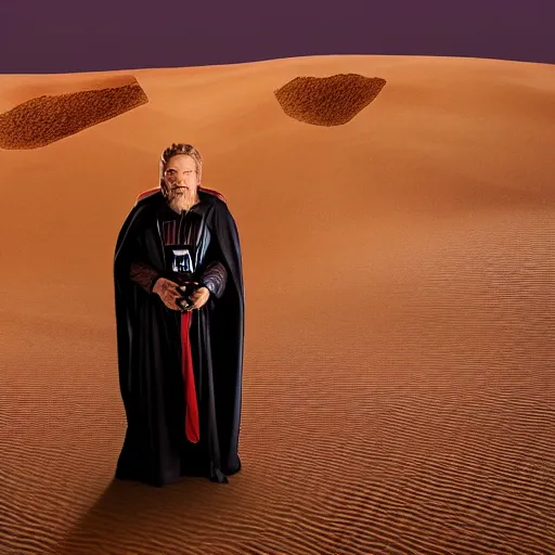 Image similar to photoshoot of comedian red foxx as obi - wan kenobi, tatooine, sunset, dunes, dewbacks, sand people, droids, star wars, photorealistic, atmospheric, photographed in the style of annie leibovitz - h 6 4 0