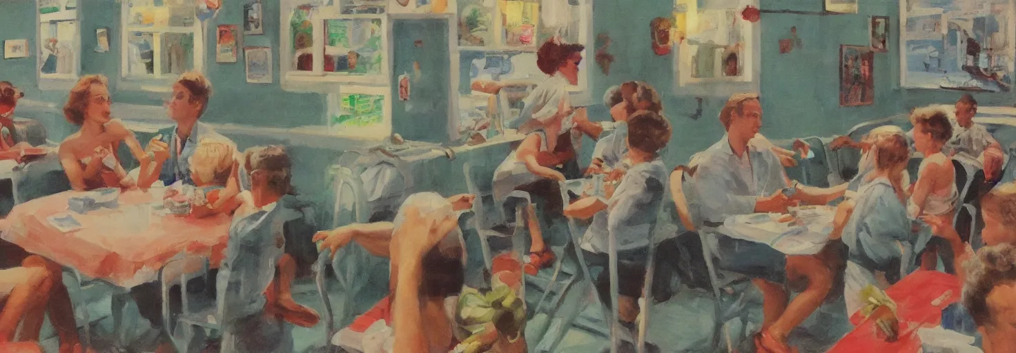 Image similar to baby frogs, drinking milkshakes, diner, 5 0 s painting, award winning art, andrew loomis