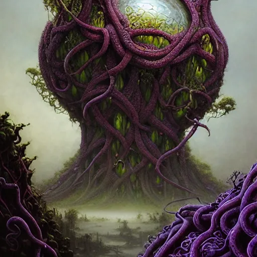 Image similar to On a domed structure made of tentacled rock vines, there is an orc fused and blended with the vines, a purple crystal pulsing in his chest, orc on vines, orc fused with vines, orc merged with vines, Peter Mohrbacher, Beksiński and Jeff Easley, artwork by Peter Mohrbacher, Zdzisław Beksiński and Jeff Easley