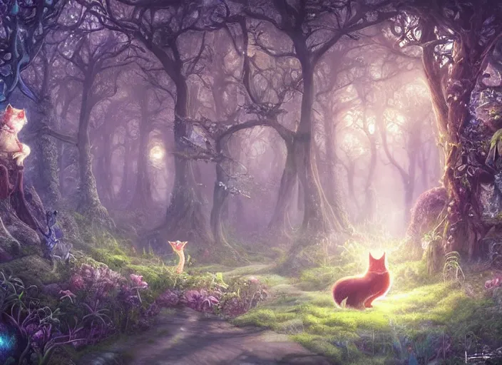 Prompt: desktop background, magical fantasy forest, magical cat creatures, path traced, highly detailed, high quality, digital painting, by studio ghibli, lise deharme, alexander jansson, paul lehr, tim white, hans zatzka, george stubbs, louis wain