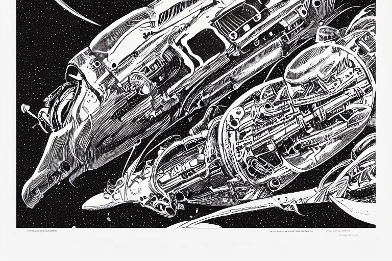 Image similar to risograph artwork of a biomechanical submarine underwater by Moebius and Alex Ross, intricately deteailed, trending on artstation