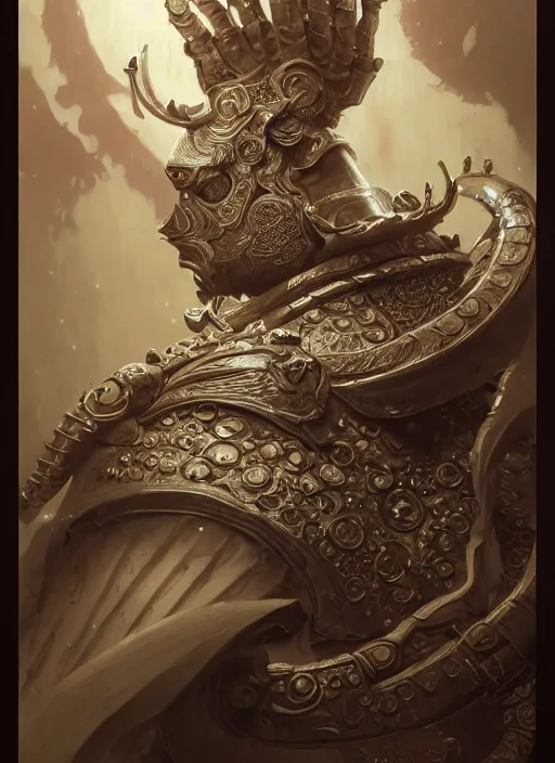 Prompt: subsurface scattering, white, koi, samurai deity with filigree armor, by jesper ejsing, james jean, justin gerard, tomasz alen kopera, cgsociety and fenghua zhong, highly detailed, rim light, cinematic lighting, illustration, art, octane render, very coherent, cinematic, hyper realism, high detail, 8 k
