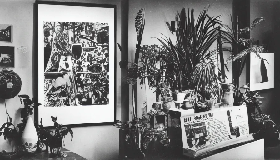 Prompt: A black and white photography of an exhibition space with objects of Sun Ra, Marcel Duchamp and tropical plants, 60s, offset lithography print, newspaper, distant shot, minimalist