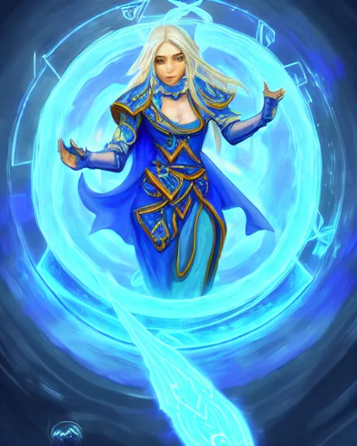 Prompt: perfectly - centered!! looking at the camera!!! full body portrait of the female blue mage, bright lighting, intricate abstract upper body intricate artwork, by hearthstone, concept art, hearthstone mastered art