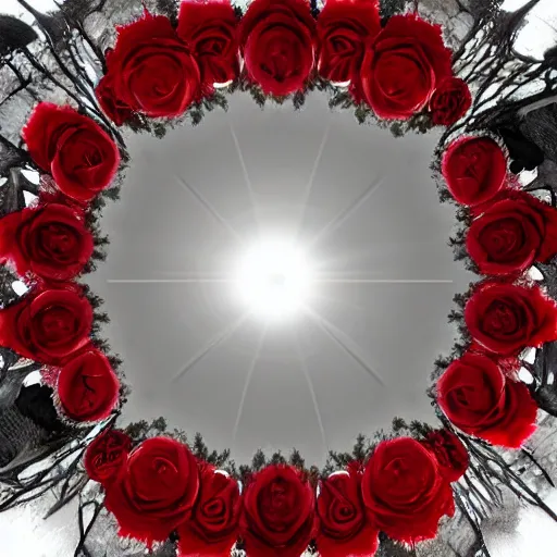 Image similar to red roses, surrounded by ashes, fisheye photo