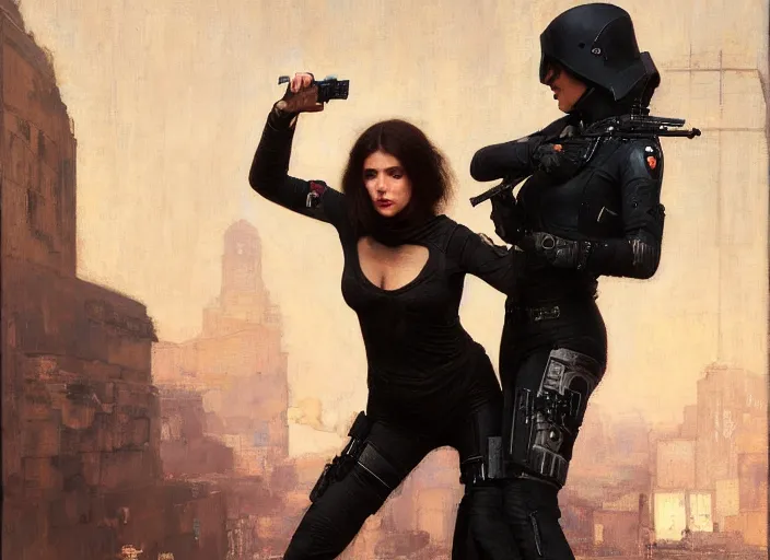 Prompt: sophia evades sgt Griggs. Cyberpunk hitwoman wearing jumpsuit escaping police troopers (blade runner 2049). Gorgeous face. Iranian orientalist portrait by john william waterhouse and Edwin Longsden Long and Theodore Ralli and Nasreddine Dinet, oil on canvas. Cinematic, hyper realism, realistic proportions, dramatic lighting, high detail 4k