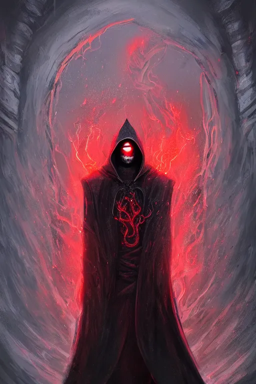 Image similar to A full body portrait of a mysterious character with no face with a very long hooded blood red and black cloak, a blazing crown floating above his head tentacles coming out the ground art by James Paick, and Shaddy Safadi, ominous, cosmic horror, trending on artstation, Ultra detailed, hyper realistic 4k