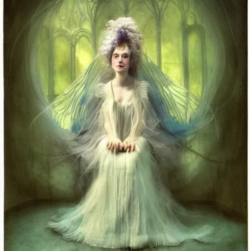 Image similar to A silver haired mad, narcissistic, ghost like fairy princess from the 18th century, dressed in a ragged, dirty, Queen Victoria's wedding dress, sits alone in her scarry underwater palace. mystical, atmospheric, greenish blue tones, underwater photography, concept art by Annie Stegg Gerard, Ian David Soar, John Anster Fitzgerald, and John Everett Millais