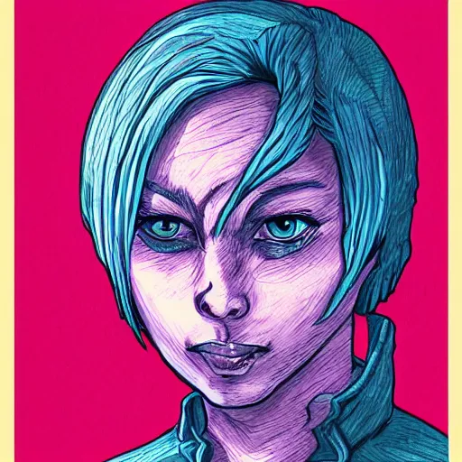 Prompt: character portrait, rogue, penned in cyan ink