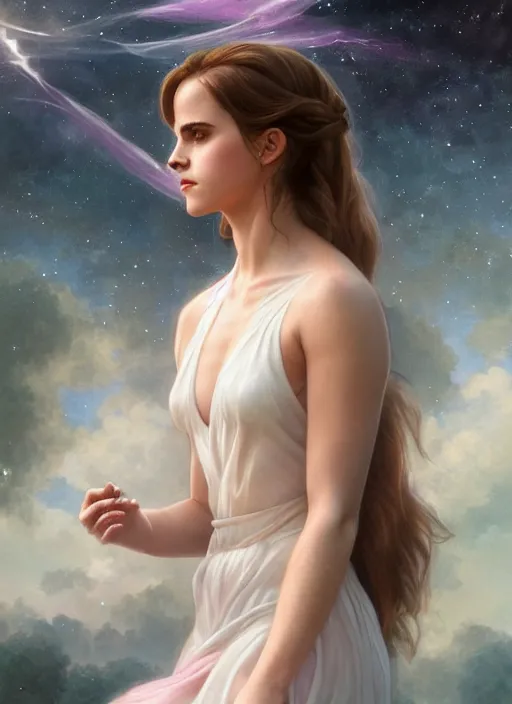 Image similar to emma watson as nature magic celestial, top down pose, long hair, soft pink and white transparent cloth, space, D&D, shiny background, intricate, elegant, highly detailed, digital painting, artstation, concept art, smooth, sharp focus, illustration, artgerm, bouguereau