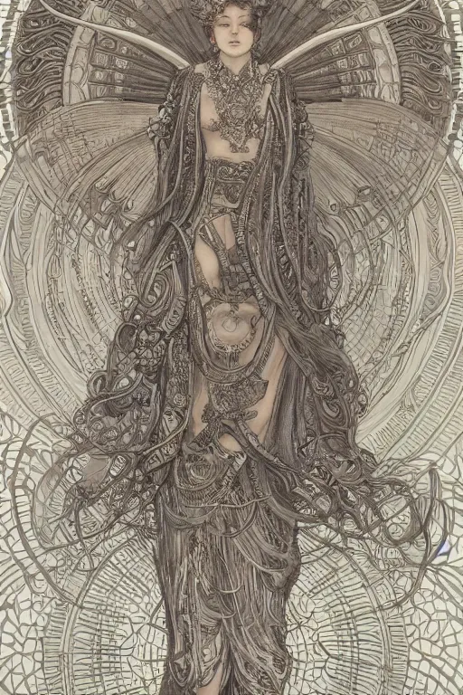 Image similar to a bull god angel of tranquility, hyper detailed, character concept, full body, dynamic pose, intricate, lineart, cerpuscular rays, by yoshitake amano, alfons mucha, 8 k, unreal