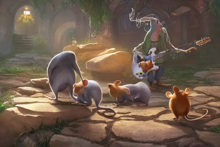 Image similar to rats playing in a rock band inspired by the beatles, beautiful, dreamlike, wholesome, pixar and disney animation, sharp, rendered in unreal engine 5, art by greg rutkowski, bloom, dramatic lighting, brown pallete,