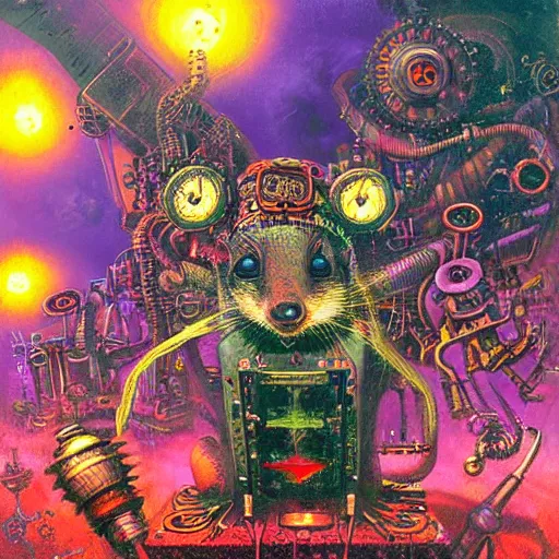 Image similar to steampunk rat, acid, 303, psychedelic, by paul lehr, cd cover for psytrance artist