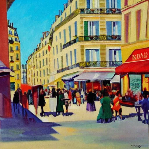 Image similar to A sunny day in modern Paris, colorful painting by Charles Blondin