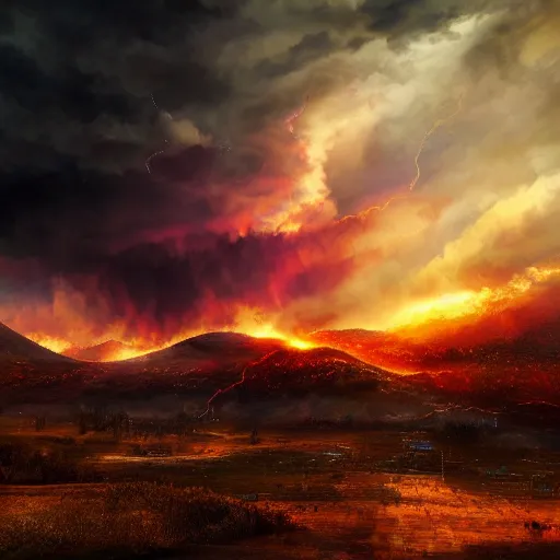 Prompt: burning clouds, thunder and fire rain, 4k, post-processing, very very detailed, artstation, cute