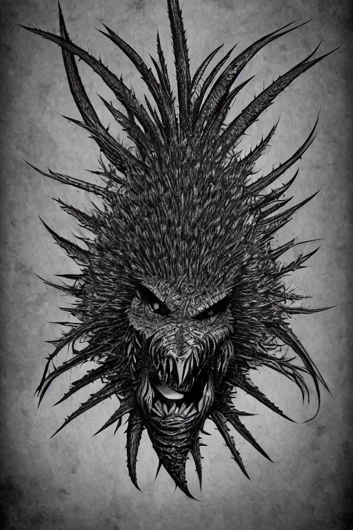 Image similar to thistle monster heavily armoured, symmetrical, highly detailed, digital art, needles, thorns, sharp focus, trending on art station, kentaro miura manga art style