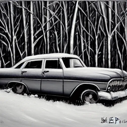 Image similar to rusty ford bel air in winter forest, grey scale, oil painting by Bob Ross
