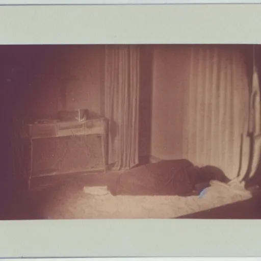 Prompt: coloured atmospheric polaroid photo of a with transparent corpse dead body floating in old living room interior