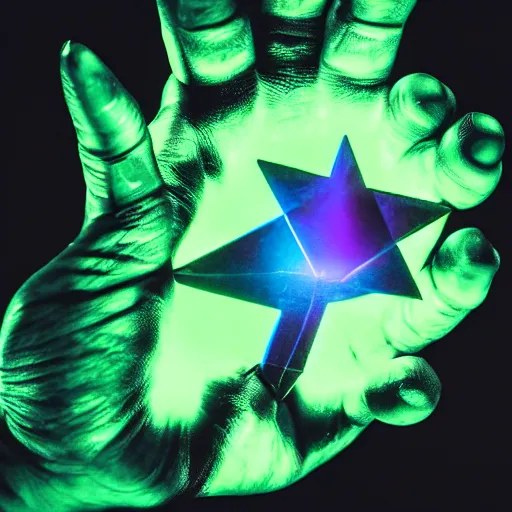 Prompt: a glowing shard of kryptonite held in an open hand, black background