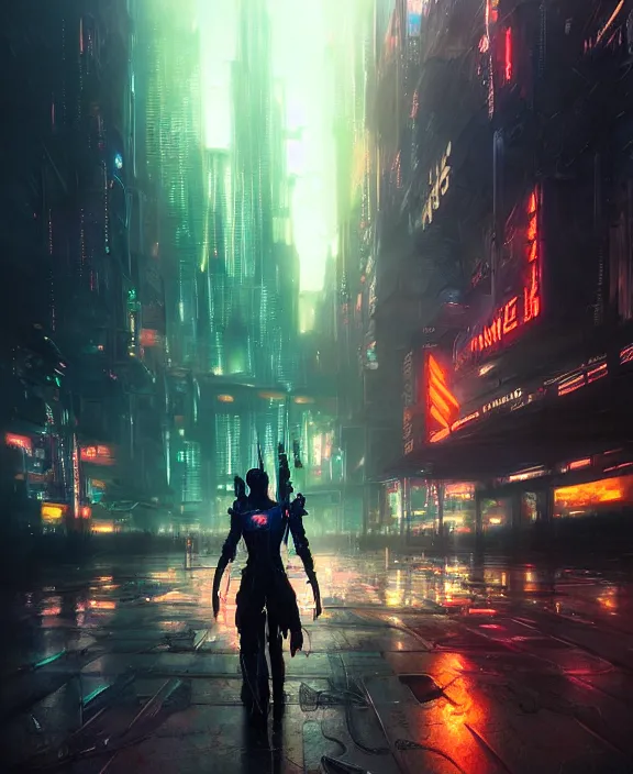 Prompt: portrait of fantasy warrior in futuristic city, wires, neon lights, cyberpunk, highly detailed painting by jeremy mann and cd projekt red and charlie bowater and titian and artgerm