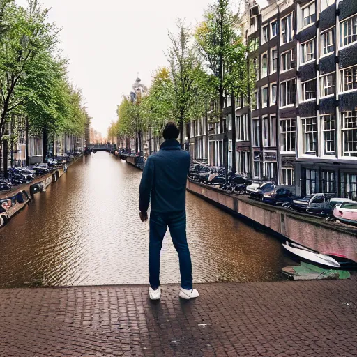 Image similar to man taking beautiful pictures with his cell phone in amsterdam on a light rainy day, photorealistic, dynamic light, ultra detailed