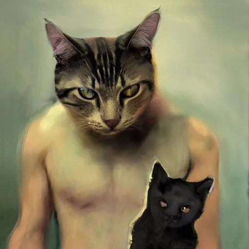 Image similar to nick offerman with body of a cat morphed together, hybrid, jeremy mann painting