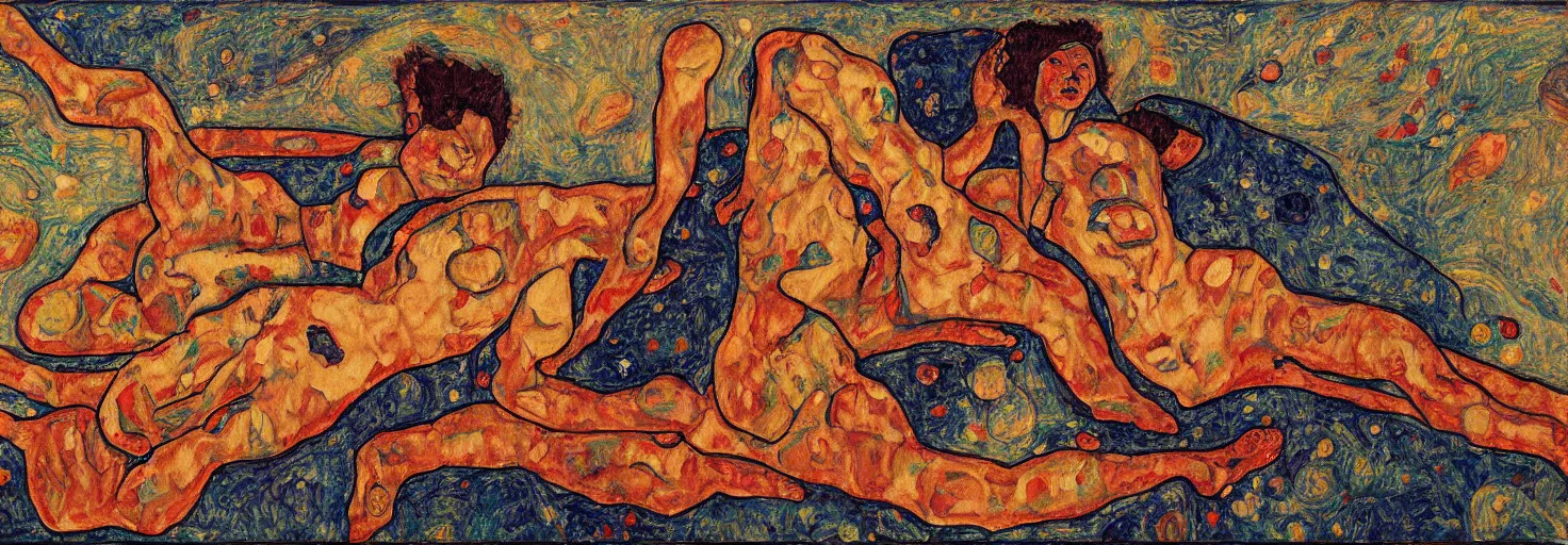 Image similar to an oil painting of two aliens lounging on a blanket made of stars, in the style of egon schiele