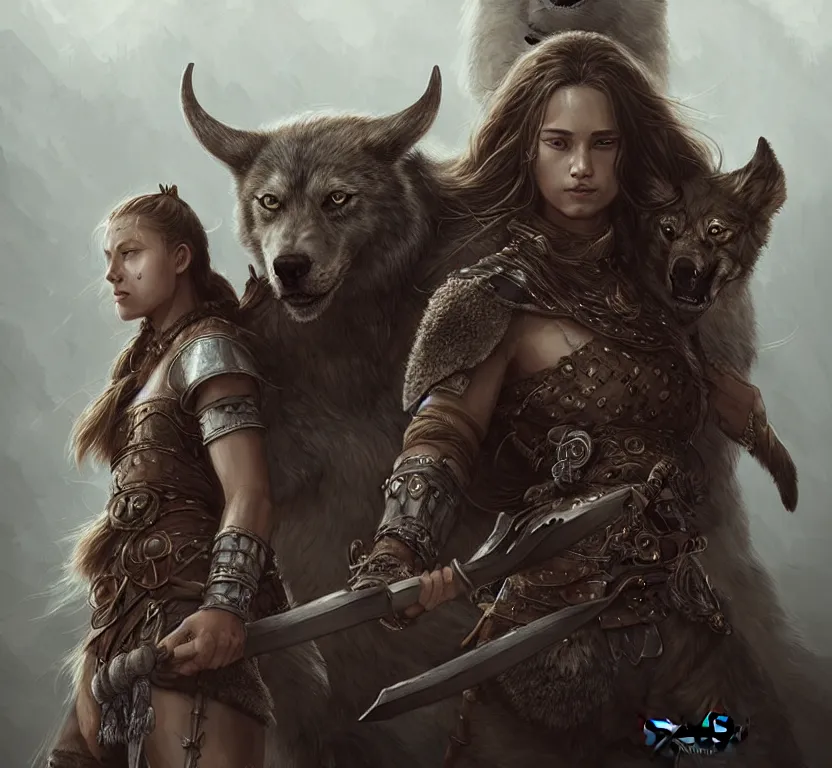Prompt: a gorgeous!! woman resembling alicia vikander as a battle - worn viking warrior accompanied by a dire wolf | drawn by wlop, drawn by jeehyung lee, drawn by argerm | intricate, highly detailed, ultra graphics, digital painting, artstation