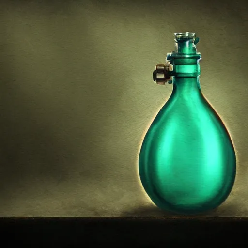 Prompt: a steampunk painting of a medival aqua colored potion bottle, lit by a single ray of sunlight in a dark dusty vintage science lab, by h. r. giger, hyperrealistic fantasy art, concept matte, ethereal, dreamy, digital art, trending on artstation, volumetric cinematic lighting