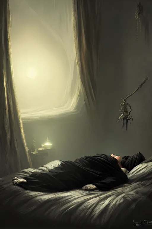 Image similar to death waking up from the bed , death is wearing black robe, together with him Vesa Matti Loiri sunrise coloring the room,fantasy, intricate, elegant, highly detailed, digital painting, artstation, concept art, smooth, sharp focus, illustration, art by Ilja Repin