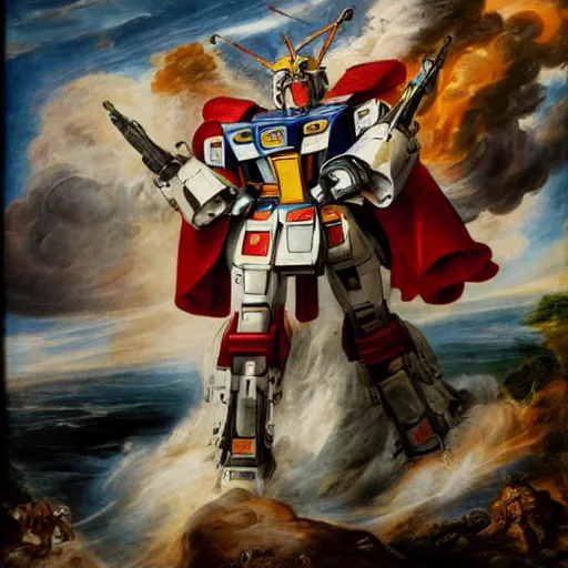 Image similar to peter paul rubens as consequences of wars with mecha gundam invited, random content position, delete duplicate content, photorealistic details content, ultra detailed face structures, incrinate, masterpiece, ultra detailed baroque painting.
