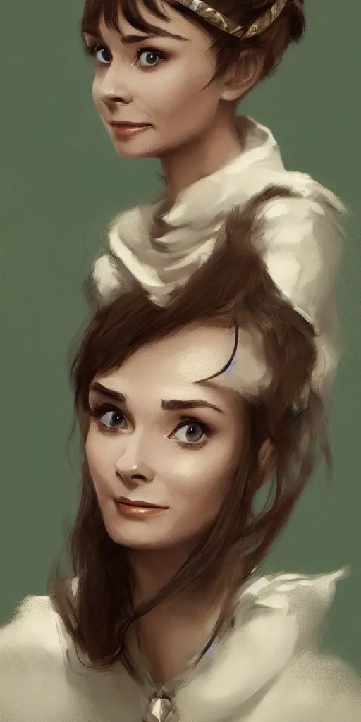 Image similar to a beautiful woman, beauty, looks like Audrey Hepburn, bard, brown hair, messy hairstyle, bangs, cream colored peasant shirt, brown pants, leather boots, dark green cloak, round hood, elf ears, youthful, white background, proportionate, by Greg Rutkowski and Tony Sart, trending on artstation, realistic, highly detailed, masterpiece