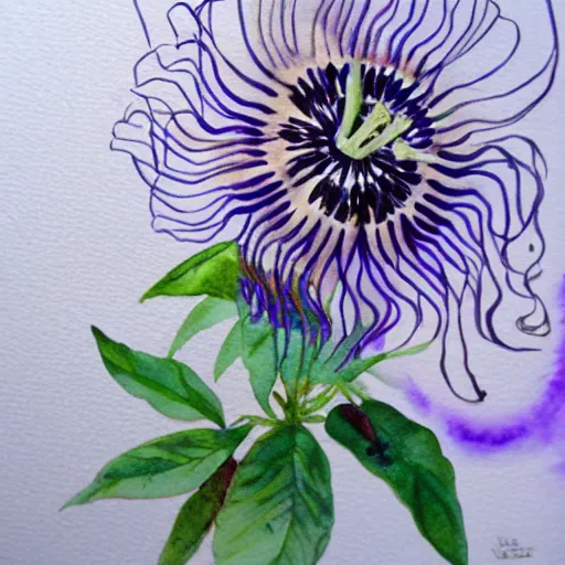 Prompt: passion flowers painted in watercolours