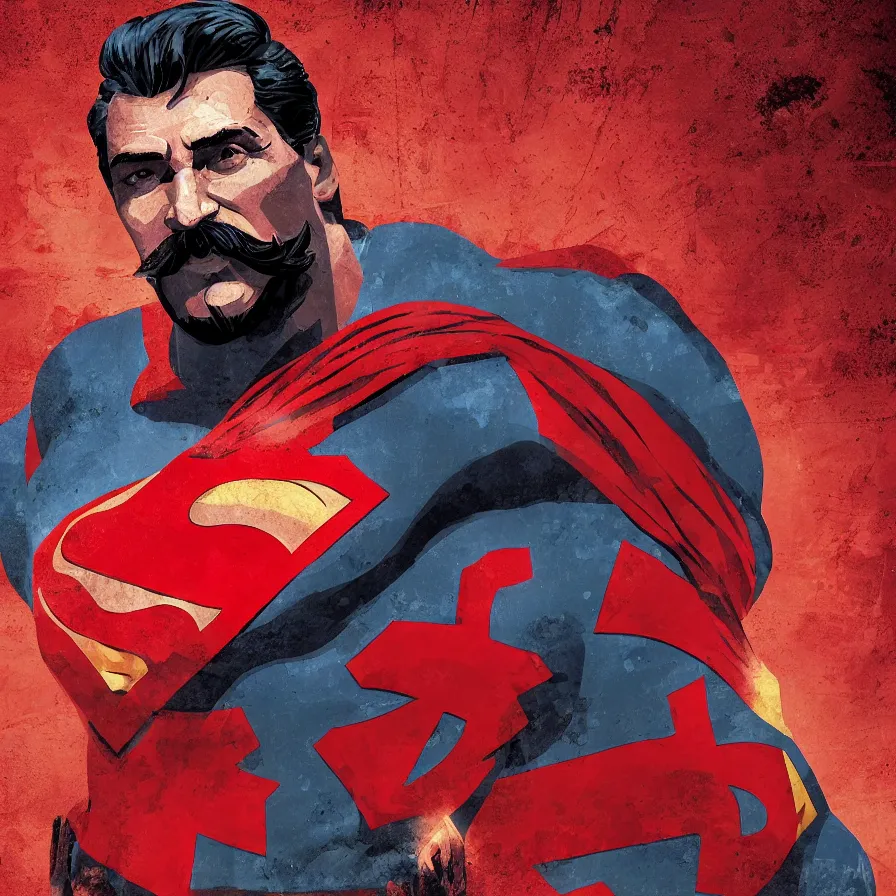 Image similar to stalin as superman red son, leader of the revolution, socialist realism, sovietwave aesthetic, hammer and sickle, groundbreaking, award winning, breathtaking, superb, epic, hyper realistic, detailed picture, intricate digital art, trending artstation, 8 k, unreal engine 5, octane render, vfx, volumetric lighting, rich moody colors, fan art, concept art