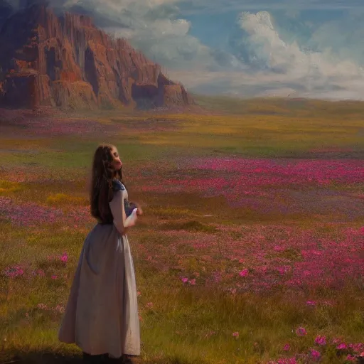 Image similar to a matte painting of the wild west, woman standing in patchy flower, oil painting, pale colors, high detail, 8 k, wide angle, trending on artstation,