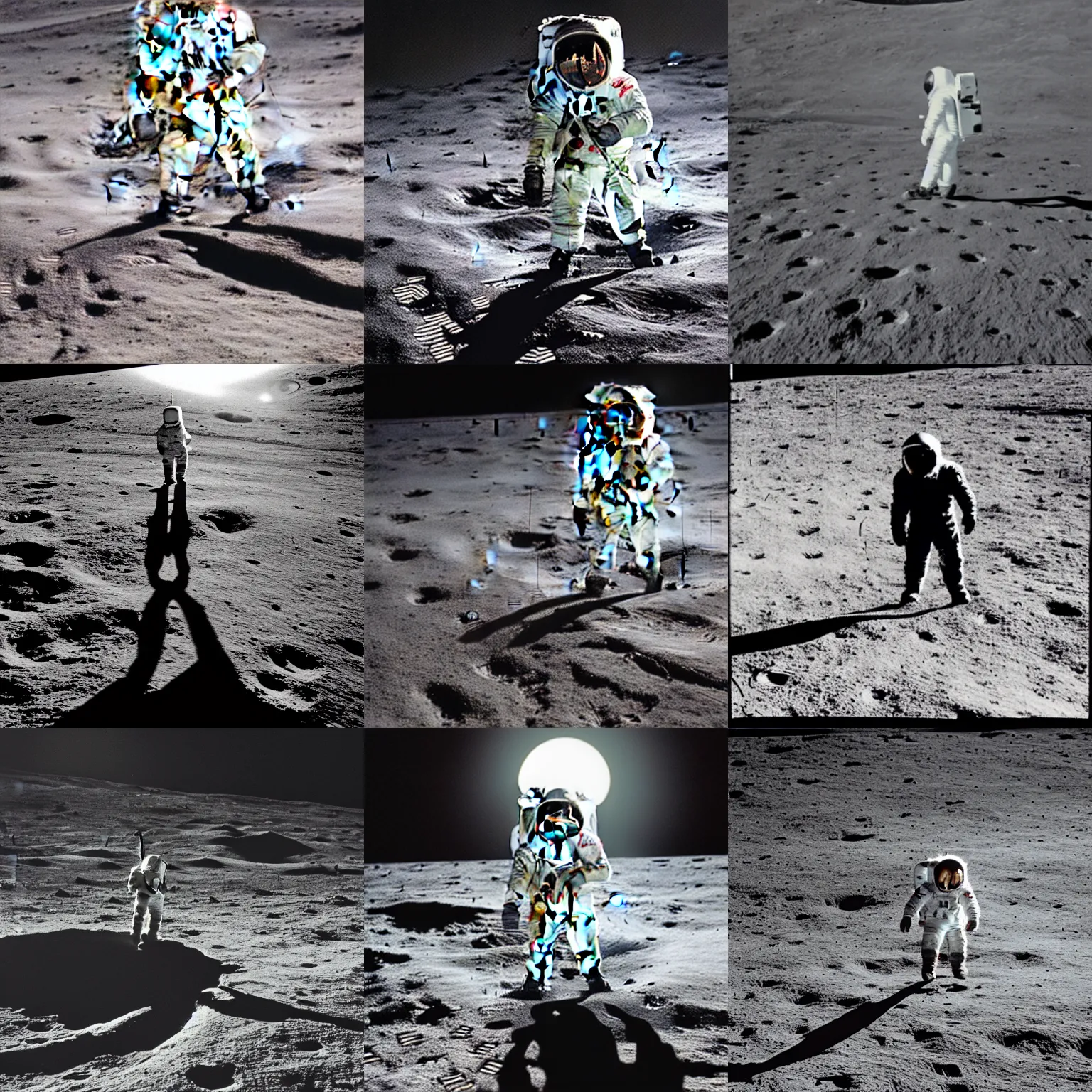 Prompt: black and white photo of a glowing white man with a crescent - shaped head walking on the moon, 1 9 6 0 s, unsettling, cursed