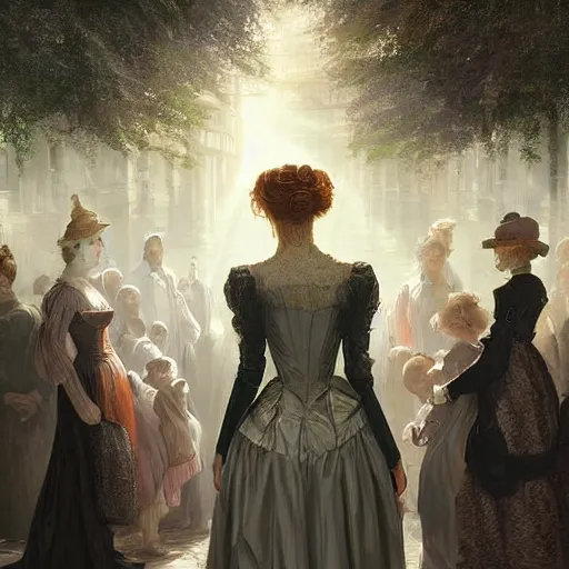 Prompt: portrait of a victorian lady within a crowd of people in a futuristic city, from behind, streets, angels in the sky, sunlight and rays of light shining through trees, birds, tall buildings on the sides, beautiful, solarpunk!!!, highly detailed, digital painting