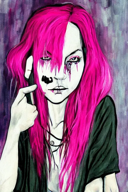 Prompt: painting horror girl pink hair tears from the eyes, alone in the room