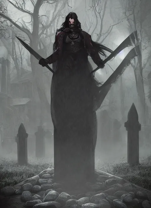 Image similar to A fantasy comic book style portrait painting of Christian Bale as a necromancer in a creepy misty graveyard setting, unreal 5, DAZ, hyperrealistic, octane render, RPG portrait, dynamic lighting