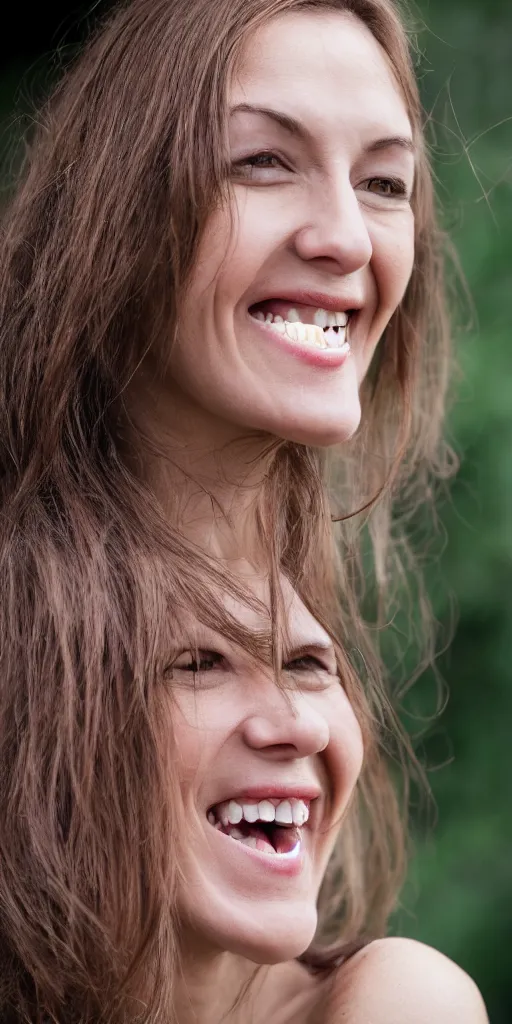 Image similar to a normal smiling woman with very long neck and sharp teeth smiling, scary, 50mm