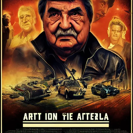 Prompt: poster for an action movie starring jose mujica, movie poster, advertisement, high detail, sharp, digital art, trending on artstation