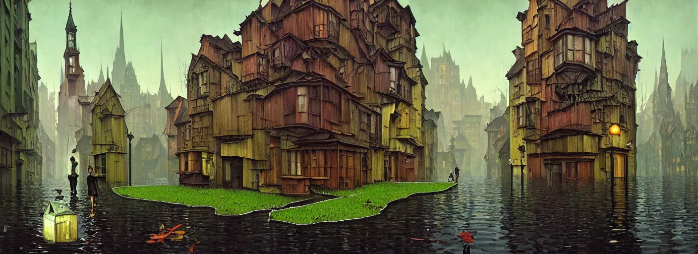 Prompt: flooded! old dark scary wooden empty cursed city street, very coherent and colorful high contrast masterpiece by gediminas pranckevicius rene magritte norman rockwell franz sedlacek, full - length view, dark shadows, sunny day, hard lighting, reference sheet white background