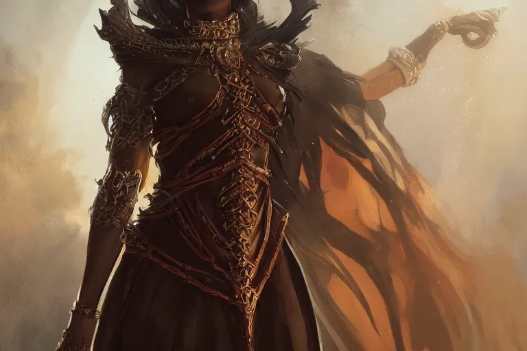 Image similar to Elegant dark skinned queen wearing a brocade dress| high fantasy | d&d | dragon age | jeff easley, greg rutkowski, pino daeni | volumetric lights | in throne room |