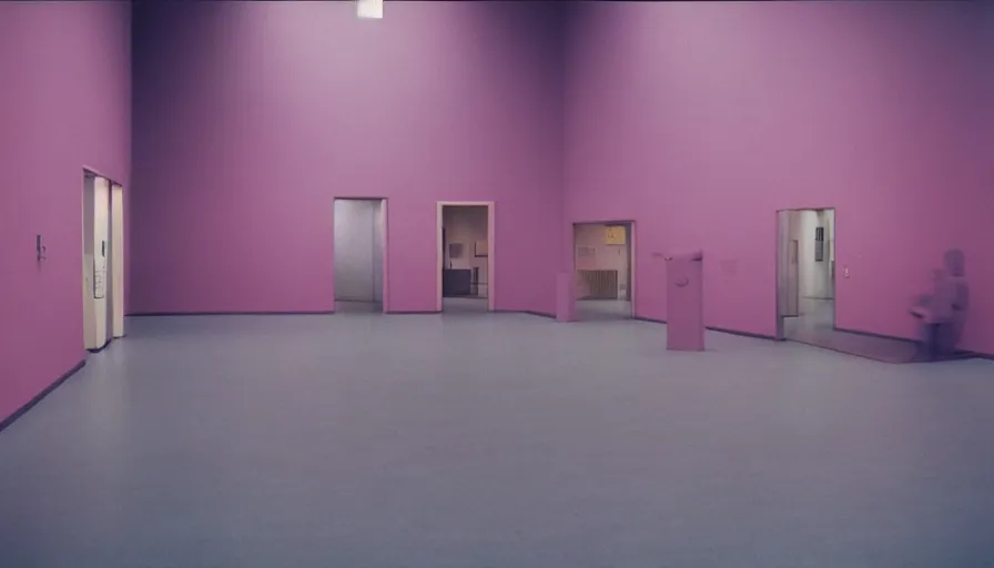 Image similar to 60s movie still of a sovietic stalinist style empty art museum with light pink wall, LOMOCHROME PURPLE FILM 100-400 35MM, liminal Space style, heavy grain