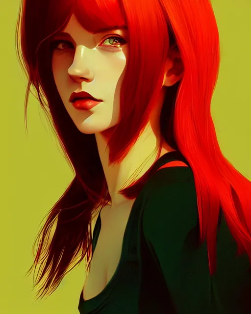 Image similar to a detailed portrait of a woman with red hair and freckles by ilya kuvshinov, digital art, dramatic lighting, dramatic angle