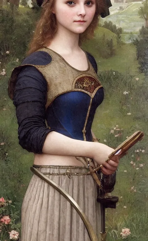 Image similar to annasophia robb in medieval armour, bowl haircut, bouguereau and waterhouse