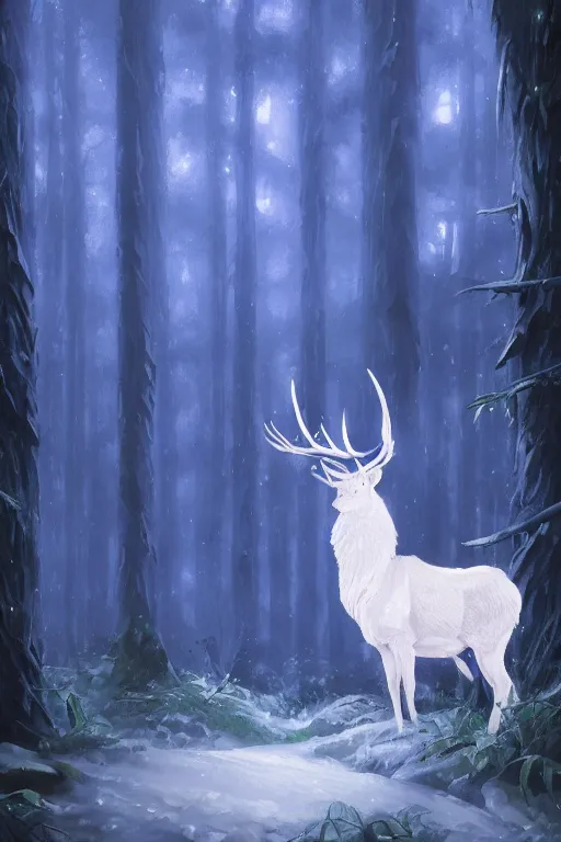 Image similar to Magical White Stag, lush evergreen forest, vivid colors, night scene, 4K, character concept art, oil painting, digital painting, painterly, cinematic lighting, rule of thirds, trending in artstation, cgsociety, by anato finnstark, Artgerm, Greg Rutkowski, Joseph Christian Leyendecker