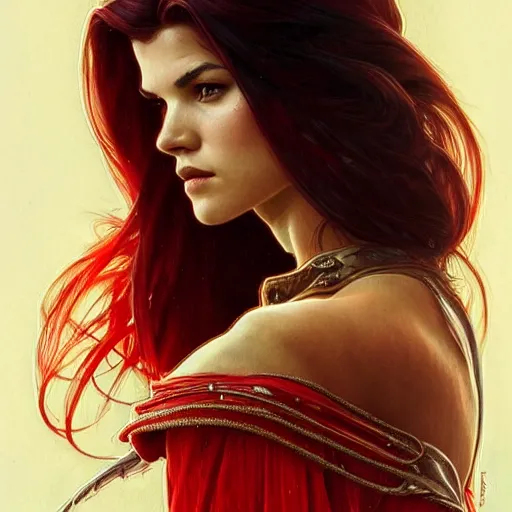 Image similar to beautiful Marie Avgeropoulos as Red Queen, Blodreina, sci-fi, closeup, D&D, fantasy, intricate, elegant, highly detailed, digital painting, artstation, concept art, matte, sharp focus, illustration, art by Artgerm and Greg Rutkowski and Alphonse Mucha